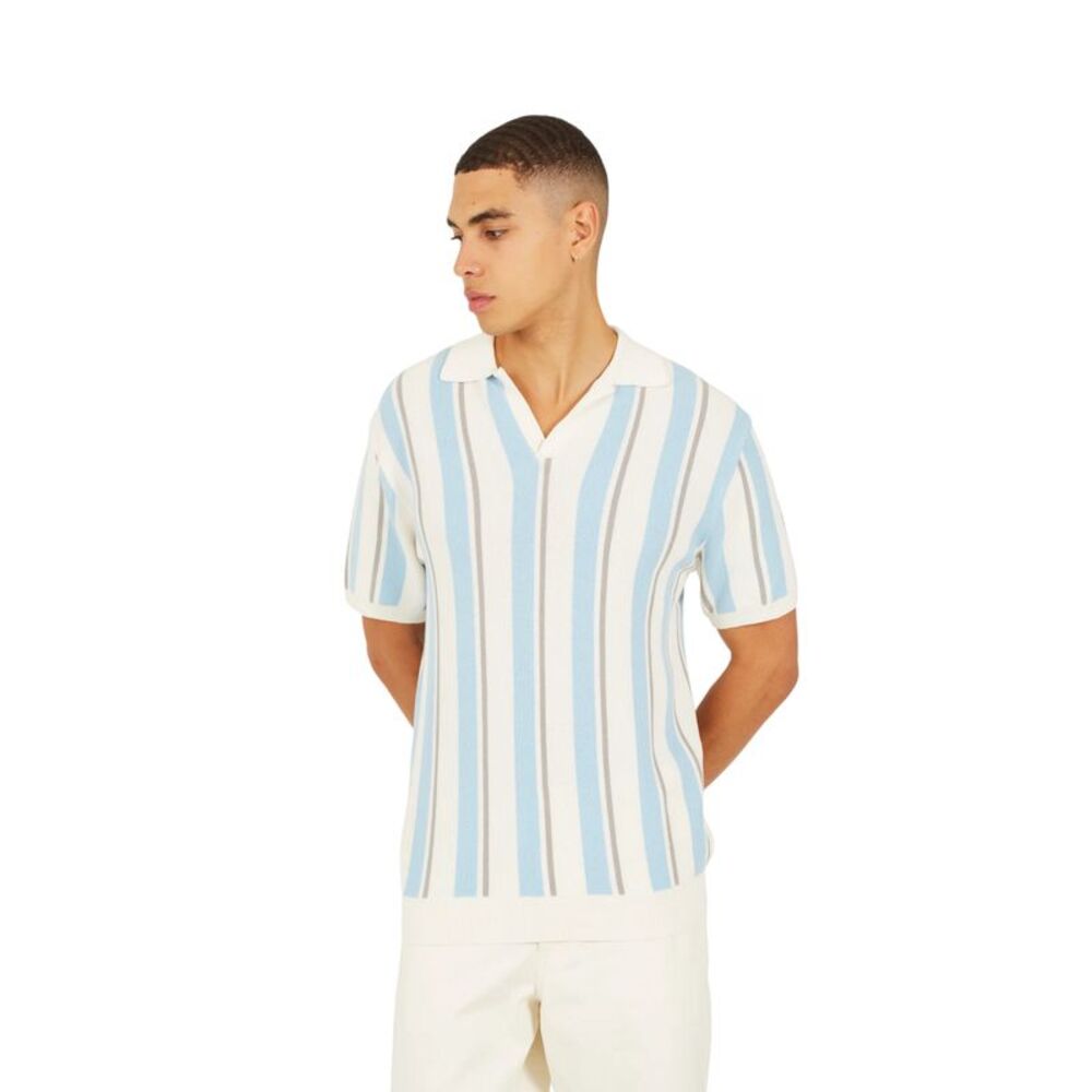 Brave Soul Mens Striped Knitted Polo Shirt / Cream/Light Green/Mid Green